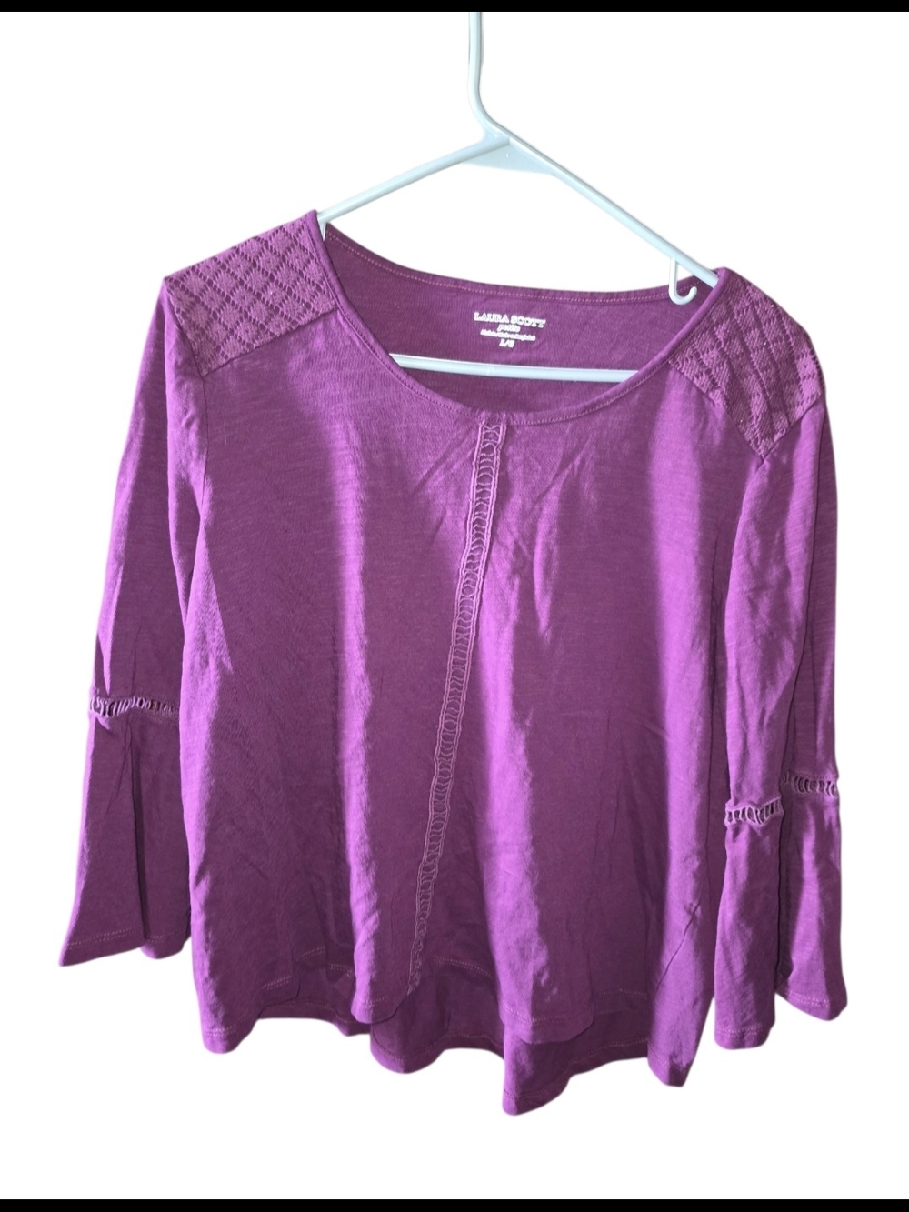 4/8/205. Laura Scott Womens Purple  Crochet-Trim Bell Sleeve Top